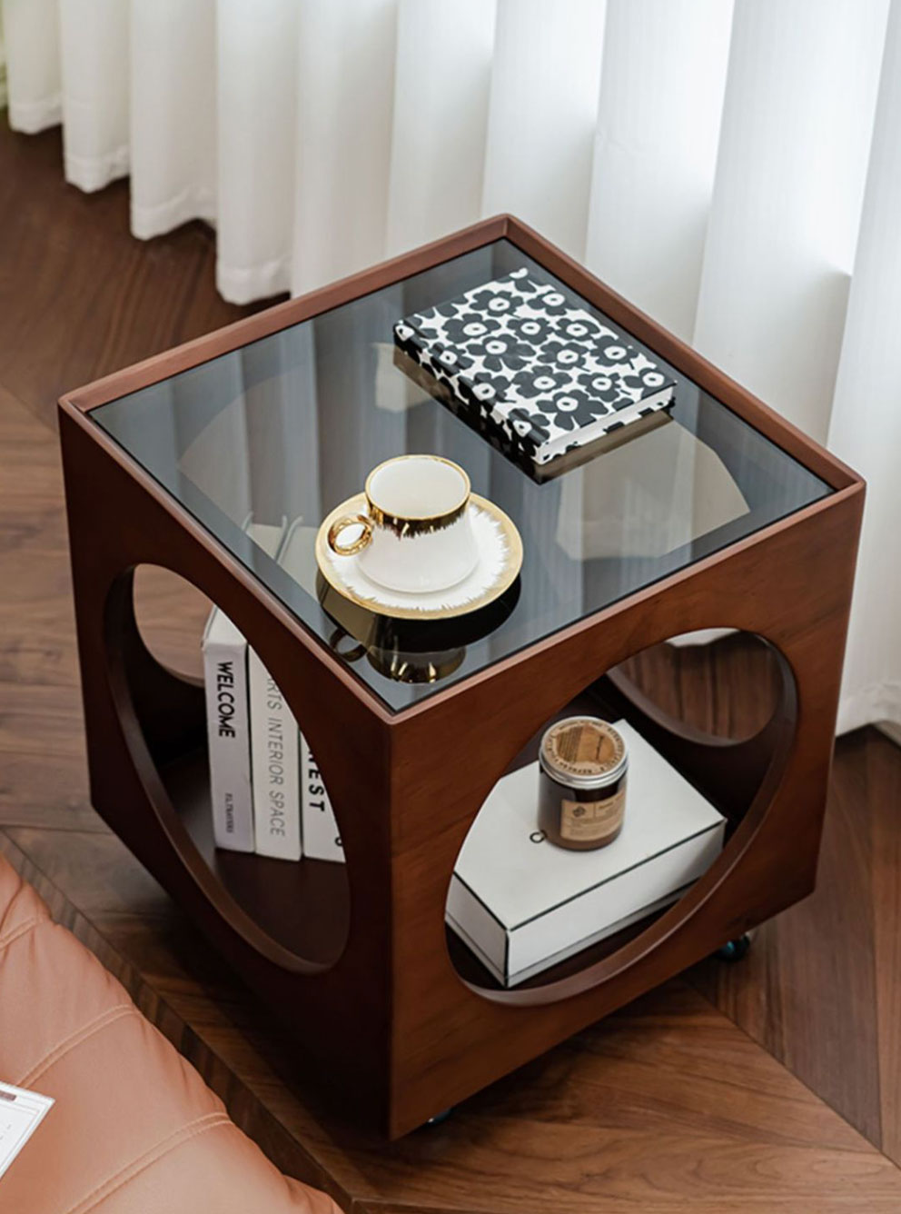 Cube Solid Wood Side Table with Wheels