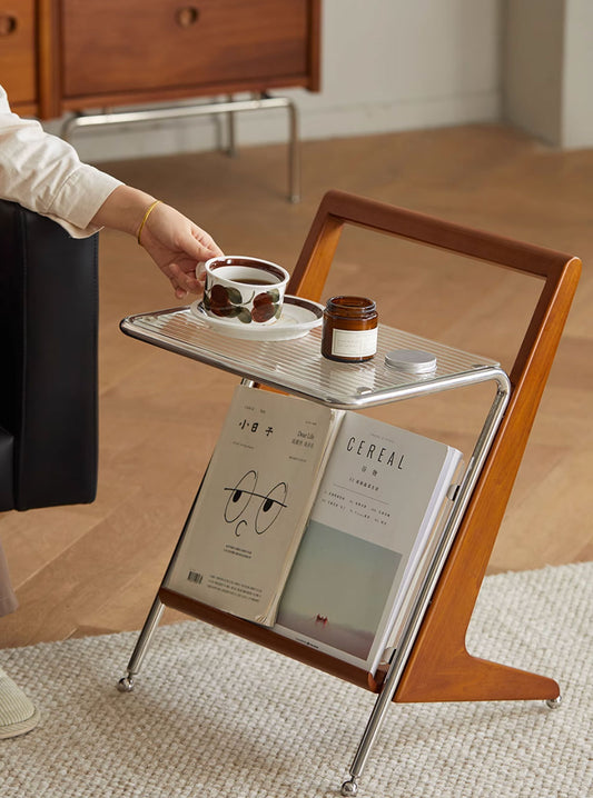 Tres Solid Wood, Fluted Glass and Stainless Steel Side Table