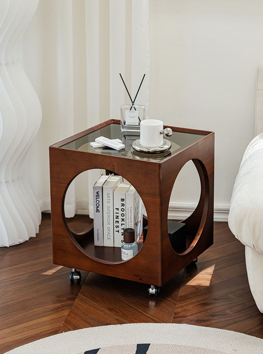 Cube Solid Wood Side Table with Wheels