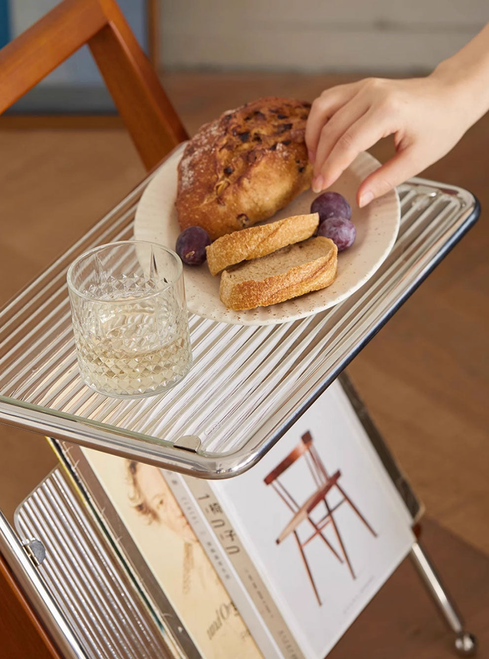 Tres Solid Wood, Fluted Glass and Stainless Steel Side Table